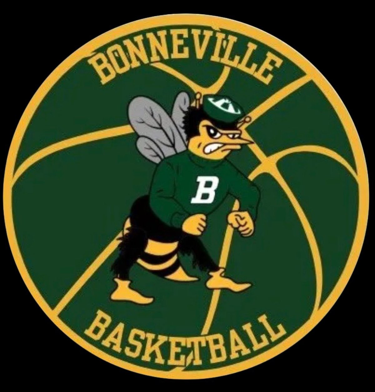 Bonneville Basketball logo featuring an angry bee mascot wearing a green jersey with a gold B on a basketball background